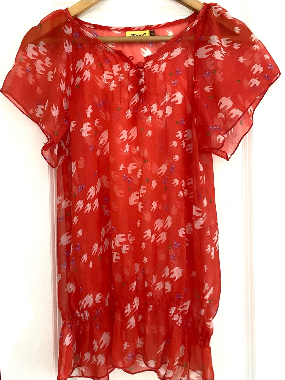 Sheer Red Floral Short-Sleeve Women's Blouse Size M
